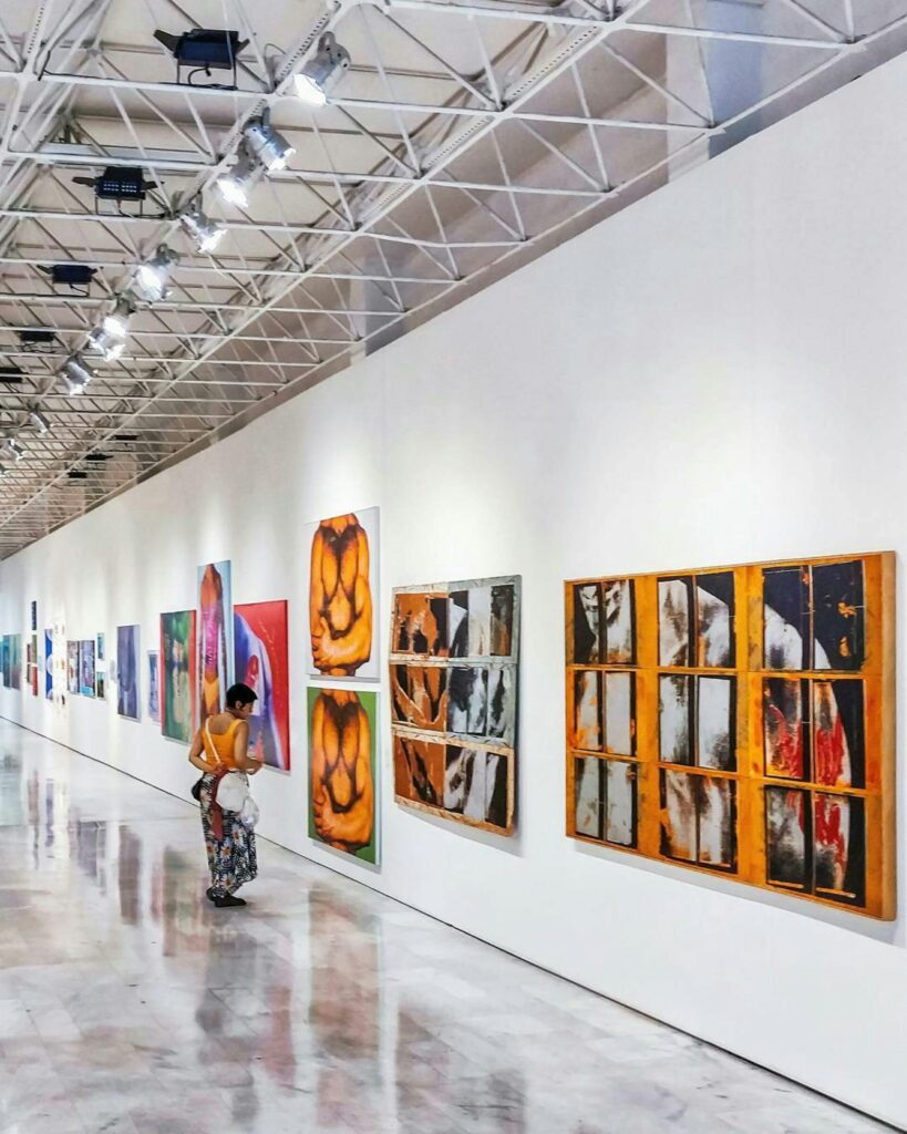 Explore a contemporary art exhibition in a Brazilian gallery, showcasing vibrant modern artworks.